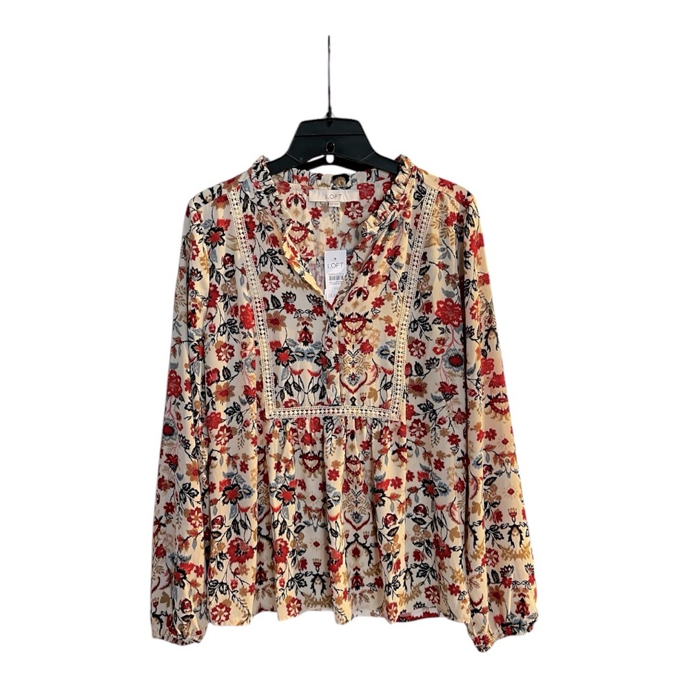 LOFT Womens Forest Lace Trim Floral Peasant Long Sleeve Blouse XXS